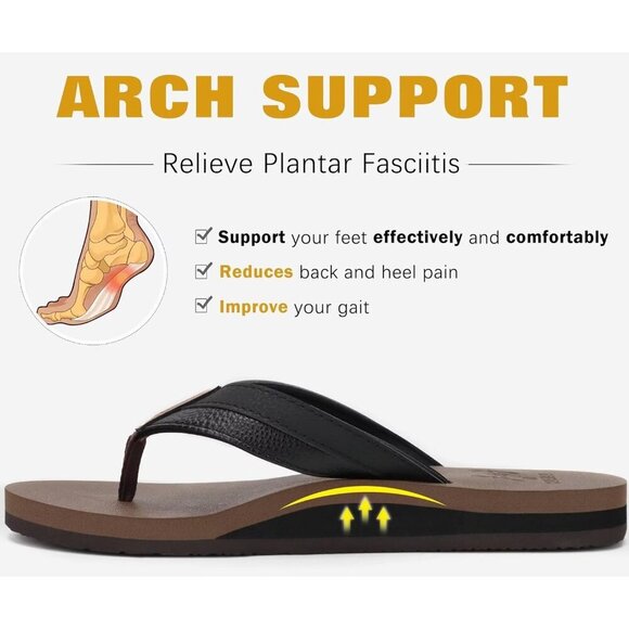 〽️Men\'s Flip Flop Sandal Black Brown Leather Slip On Arch Support Comfort Shoes